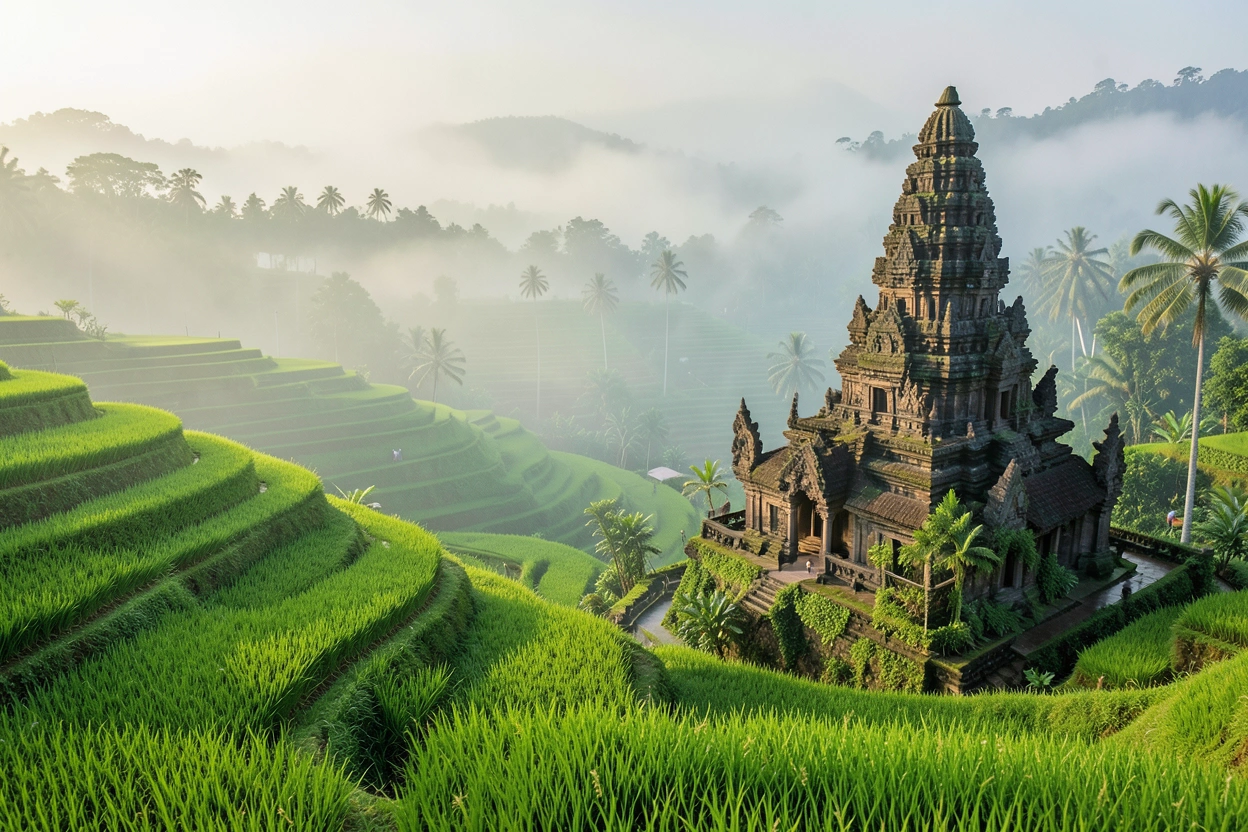 Rizières en terrasses et temple à Bali, Indonésie