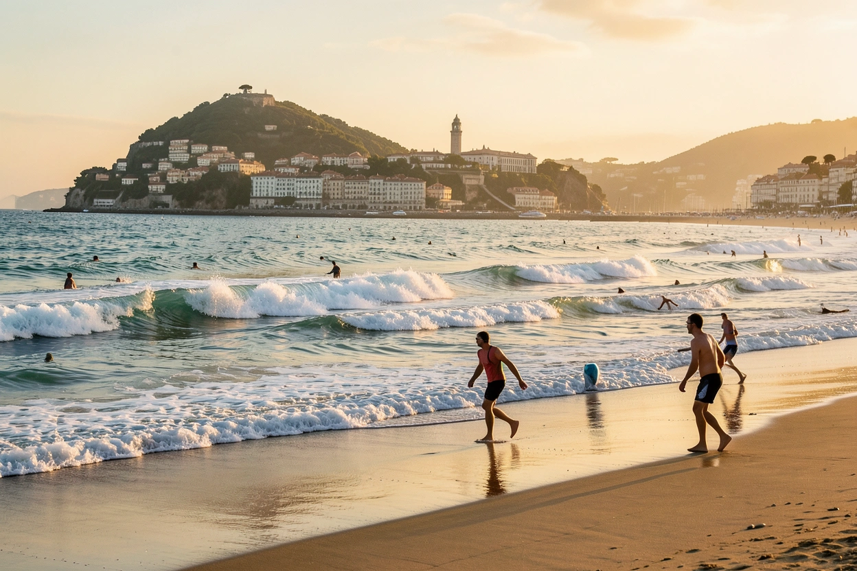 Plage et surfeurs à Biarritz, Pays Basque