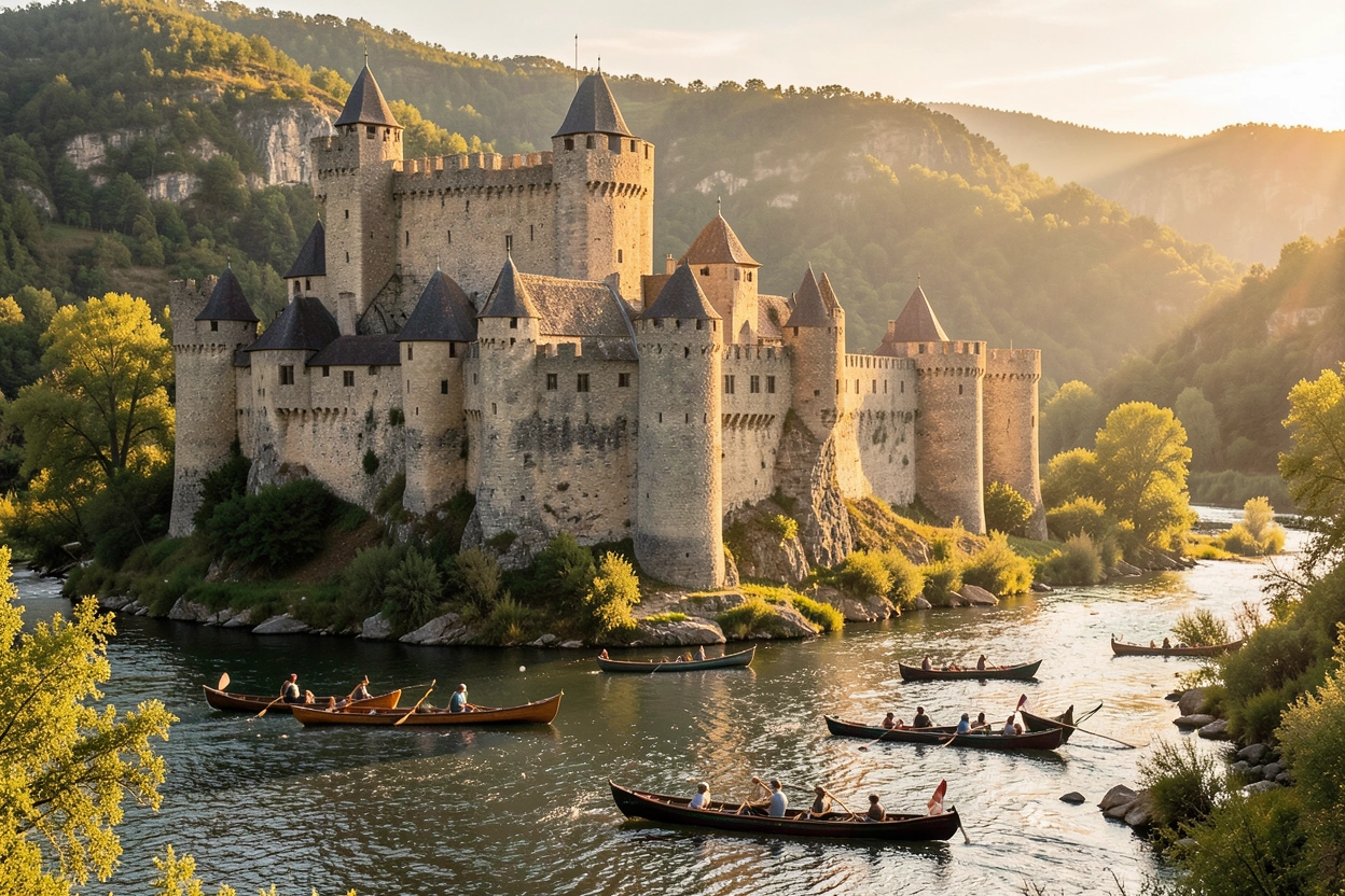Château au-dessus de la rivière Dordogne avec des canoës