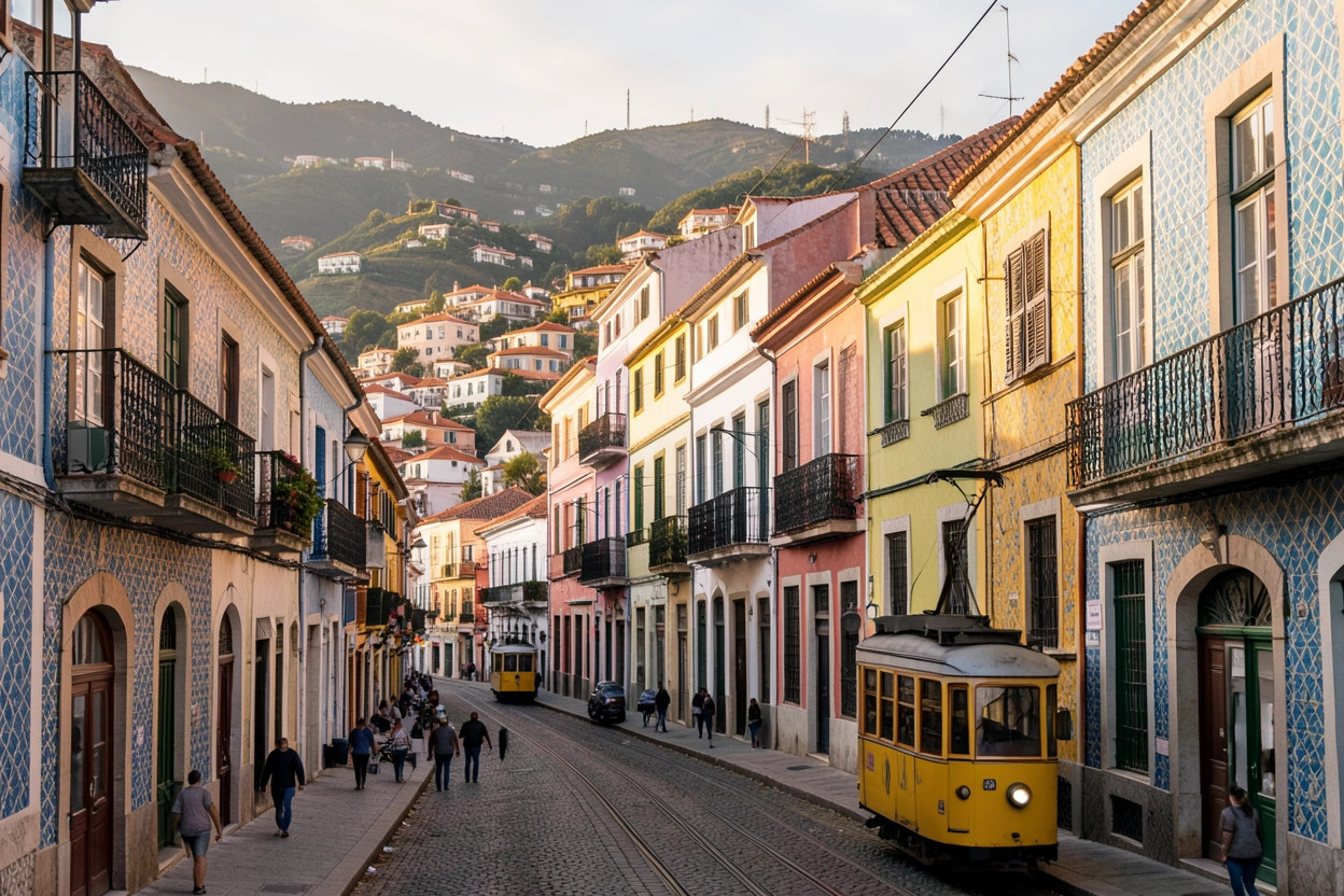 Rue colorée et tramway jaune à Lisbonne