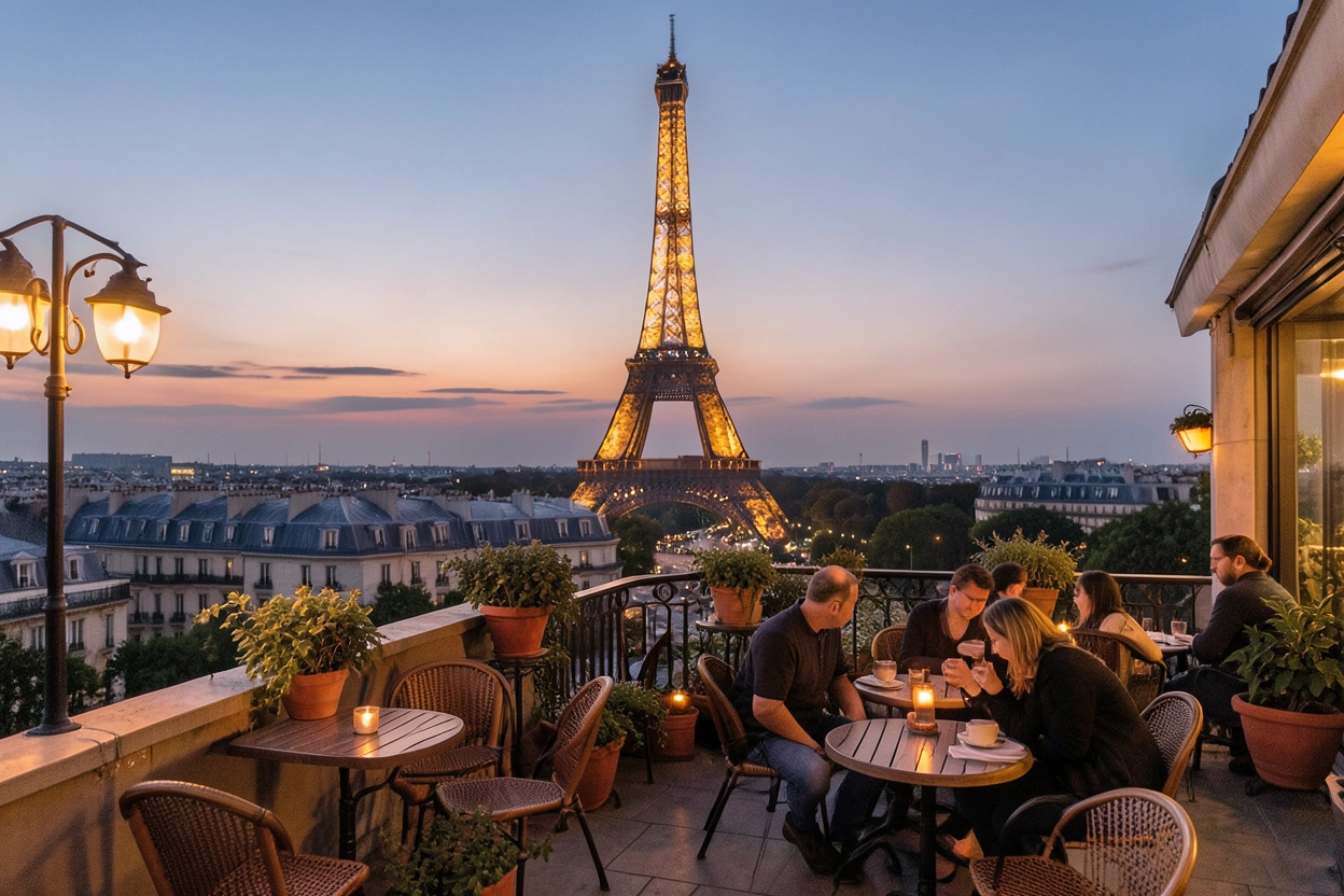 Vue sur la tour Eiffel depuis un toit parisien au crépuscule
