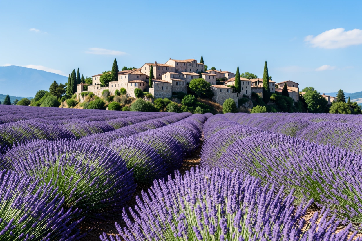 Village perché et champs de lavande dans le Luberon, Provence