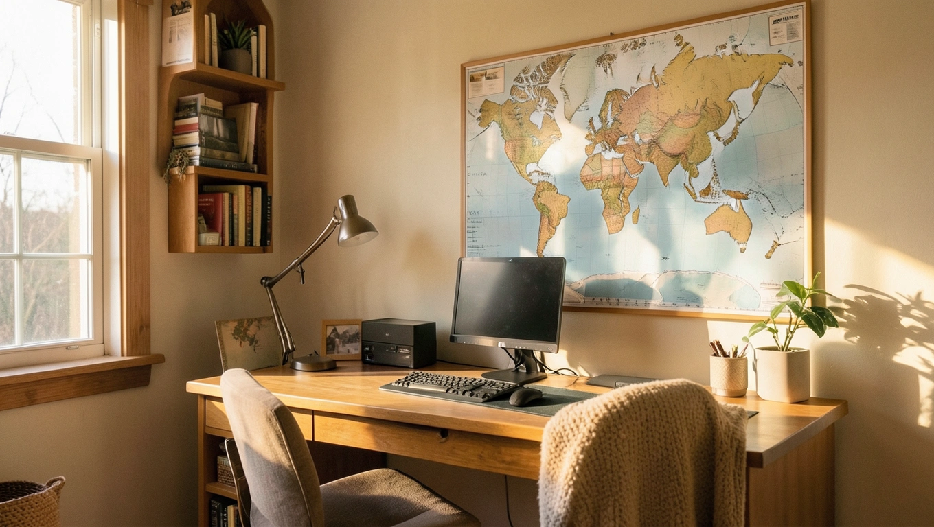 Bureau chaleureux avec une carte du monde au mur