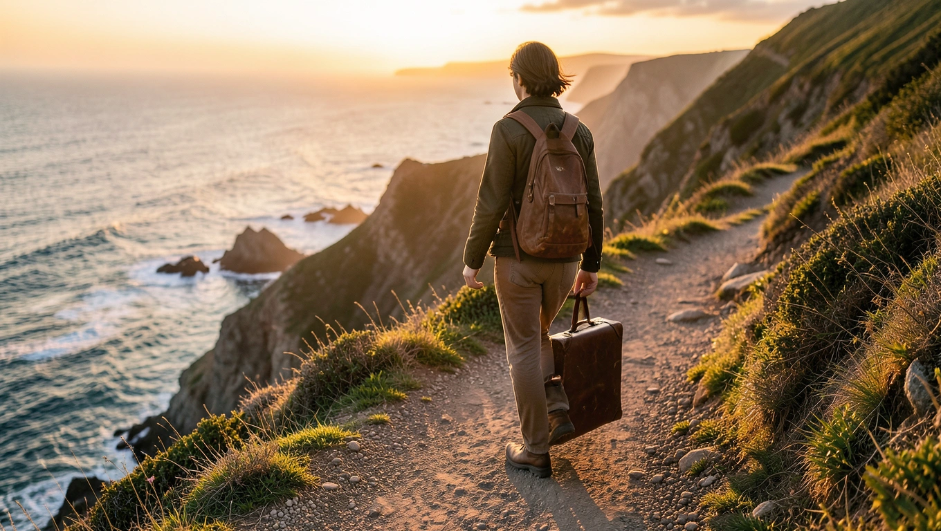Voyageuse avec une valise vintage sur un sentier côtier au coucher du soleil