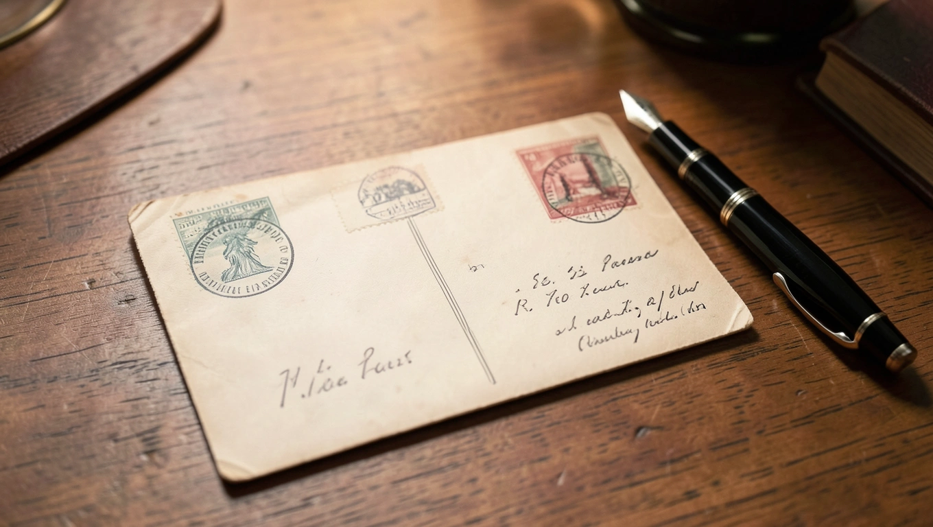 Carte postale et enveloppe sur un bureau en bois